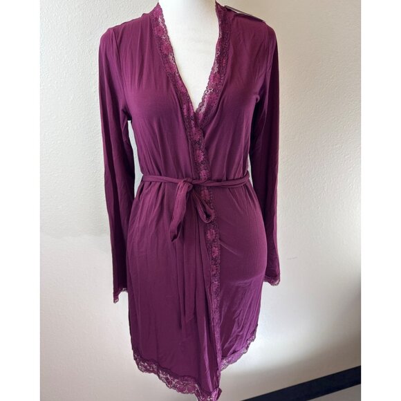 NWT Victoria Secrets Maroon XS Long Sleeve Robe Lace Trim  Modal Blend Lounge - Picture 1 of 13